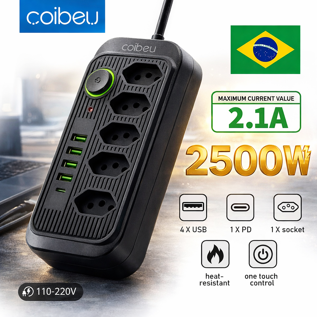 COIBEU Extensão 10A Bivolt 110/220V com 5 Tomadas, 4 USB e 1 Tipo-C – Cabo 2m/5m