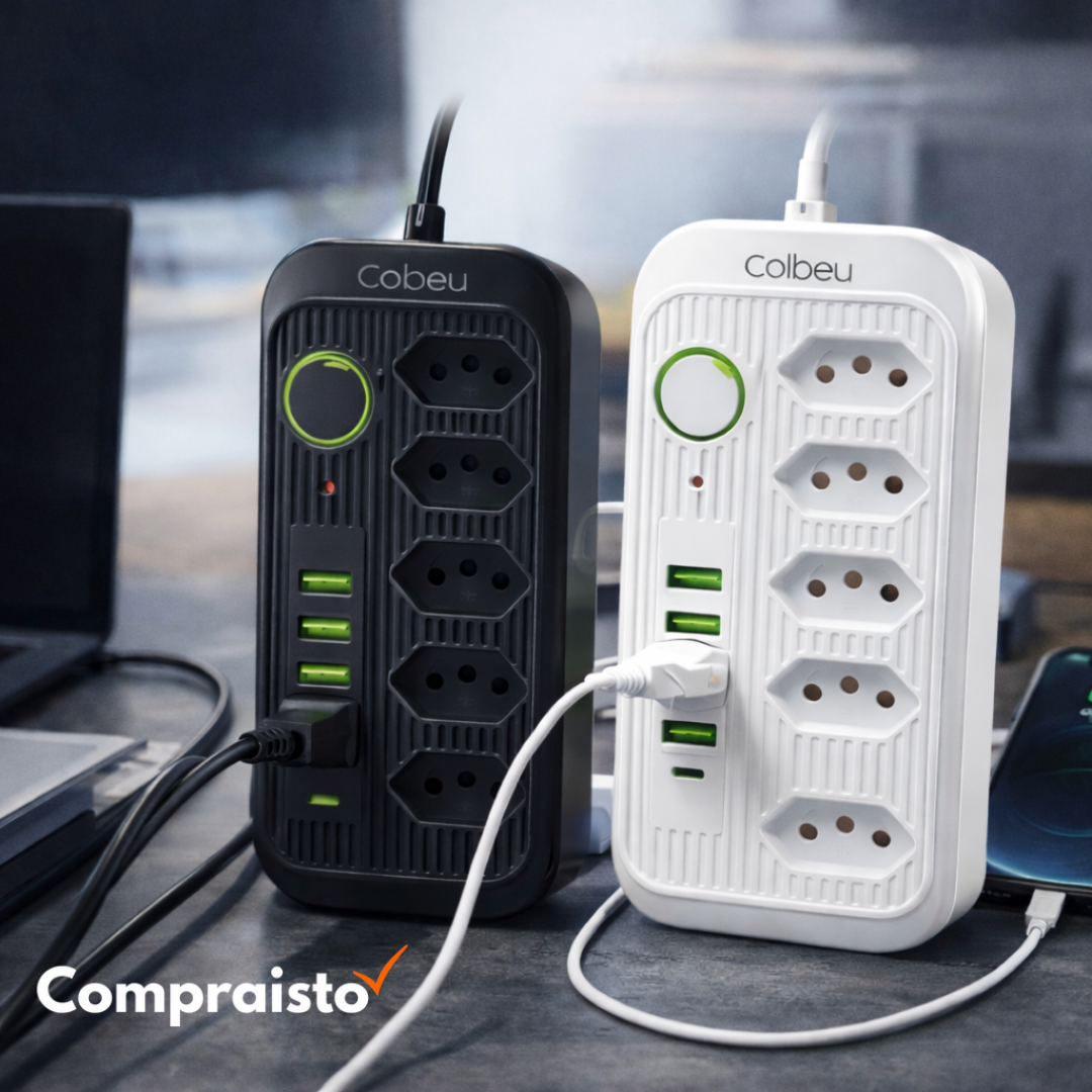 COIBEU Extensão 10A Bivolt 110/220V com 5 Tomadas, 4 USB e 1 Tipo-C – Cabo 2m/5m