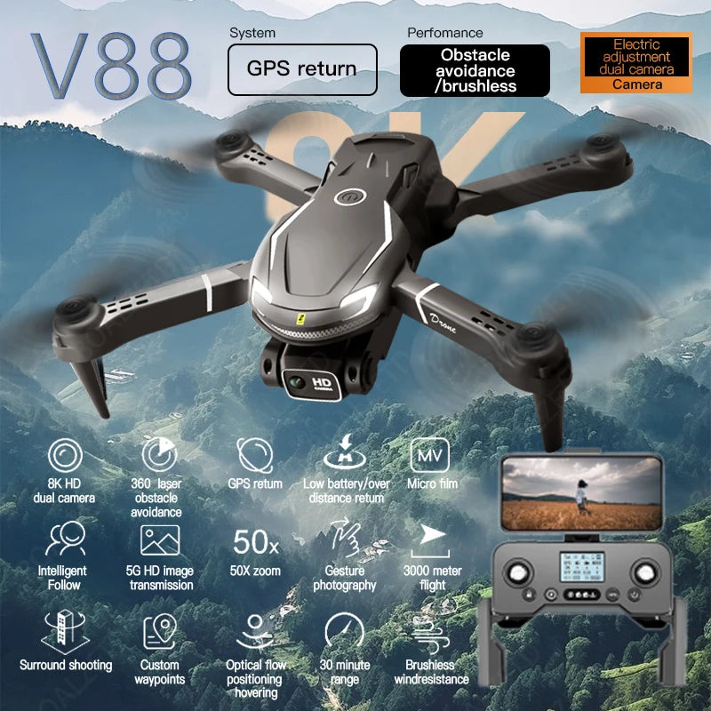 New V88 Drone 8K Professional HD WIFI Aerial Photography 5G GPS Remote Control Aircraft HD Dual Camera Quadcopter Drone Adults